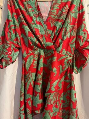 Tropical Red Wrap Mini Dress with Green Leaf Print
